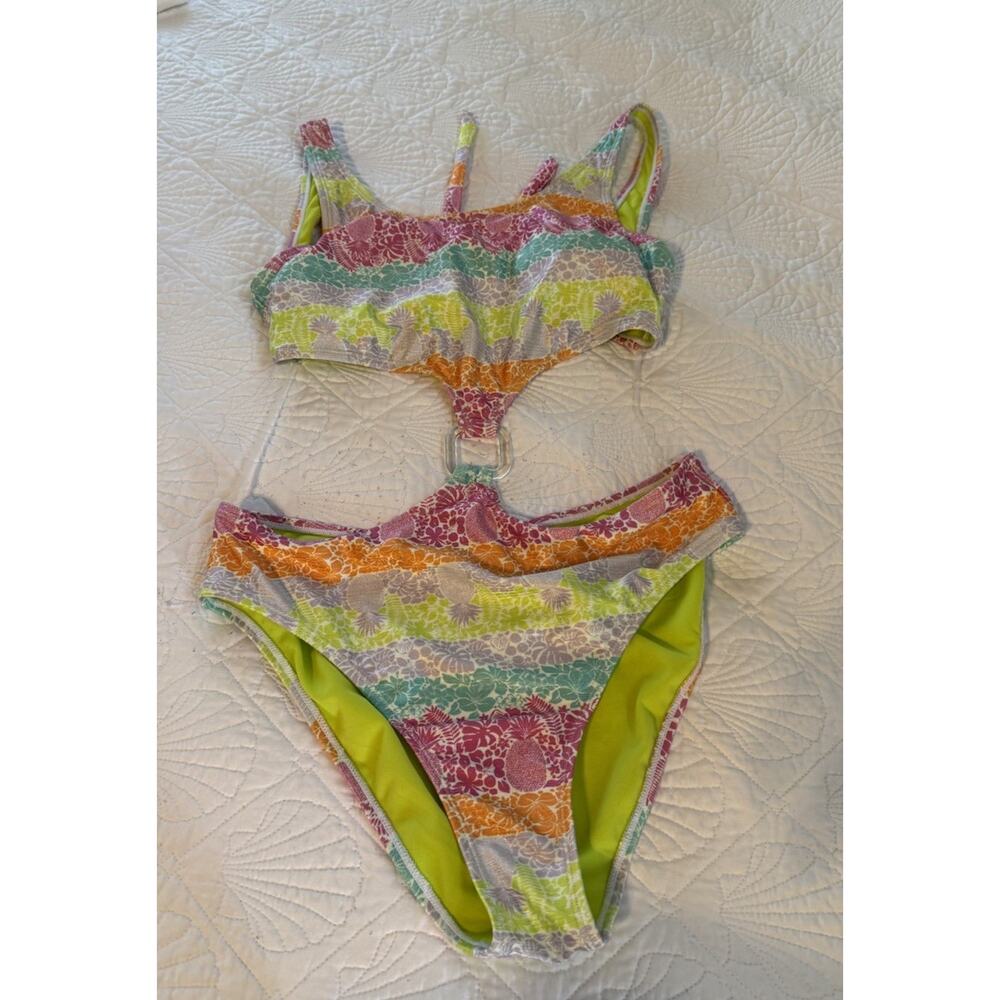 Blu C Bikini Set Size Large L Multi Color Floral Pineapple Swimsuit New